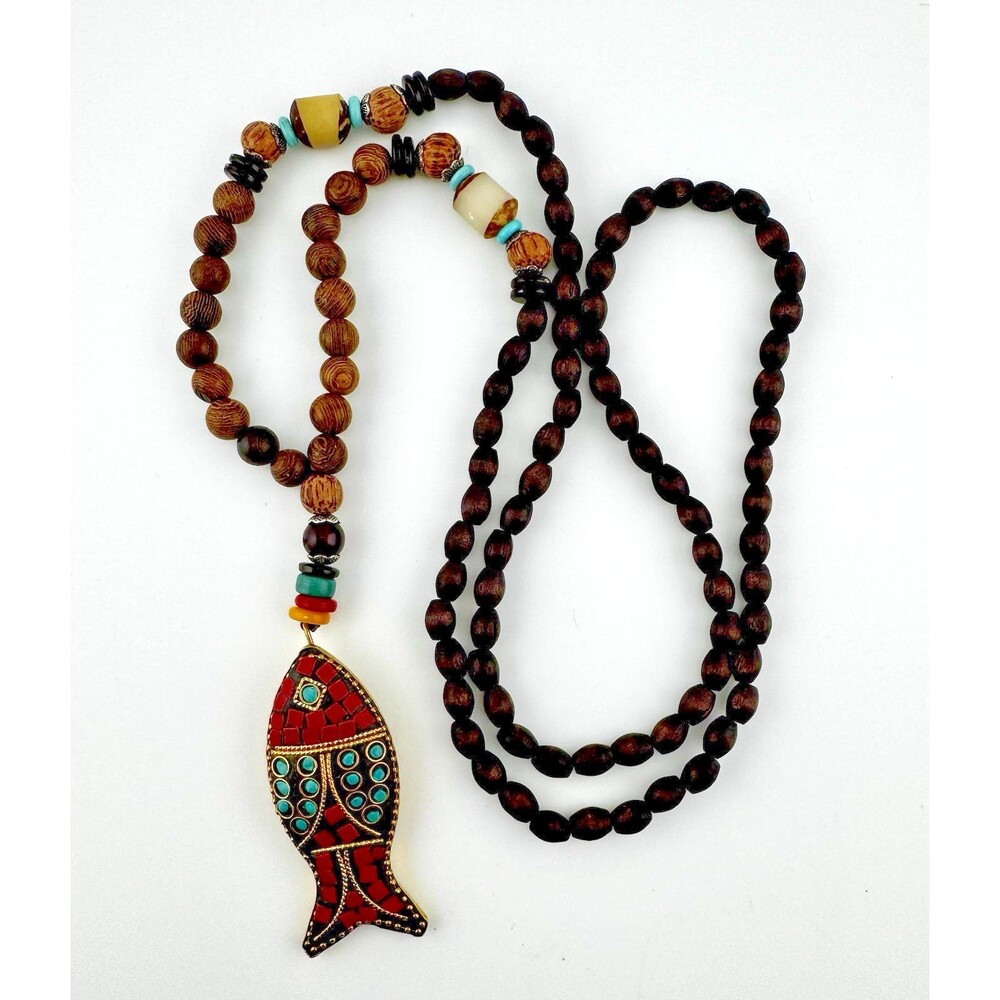 Artisan Mosaic Inlay Wood Bead Fish Pendant Boho Necklace Long Statement 32"